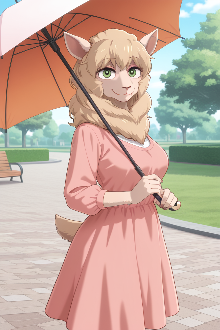masterpiece, best quality, amazing quality, very aesthetic, high resolution, ultra-detailed, absurdres, newest BREAK 1girl, solo, seven_bs, anthro, furry female, sheep ears, sheep tail, pink dress, holding parasol, standing, looking at viewer, closed mouth, smile, happy, outdoors, park