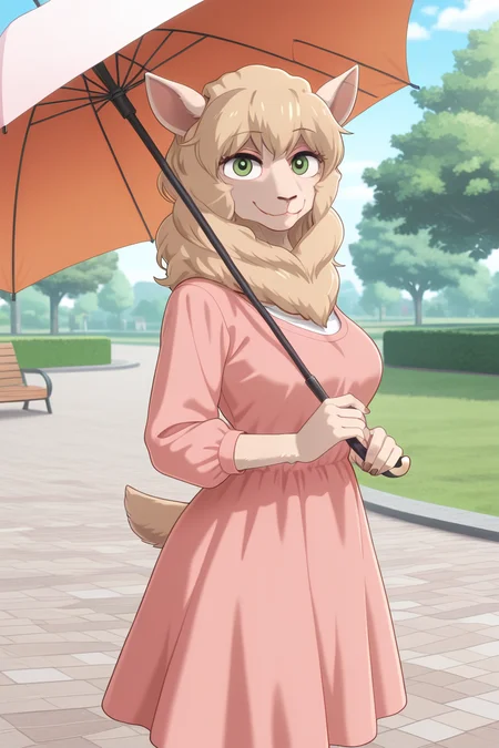 masterpiece, best quality, amazing quality, very aesthetic, high resolution, ultra-detailed, absurdres, newest BREAK 1girl, solo, seven_bs, anthro, furry female, sheep ears, sheep tail, pink dress, holding parasol, standing, looking at viewer, closed mouth, smile, happy, outdoors, park