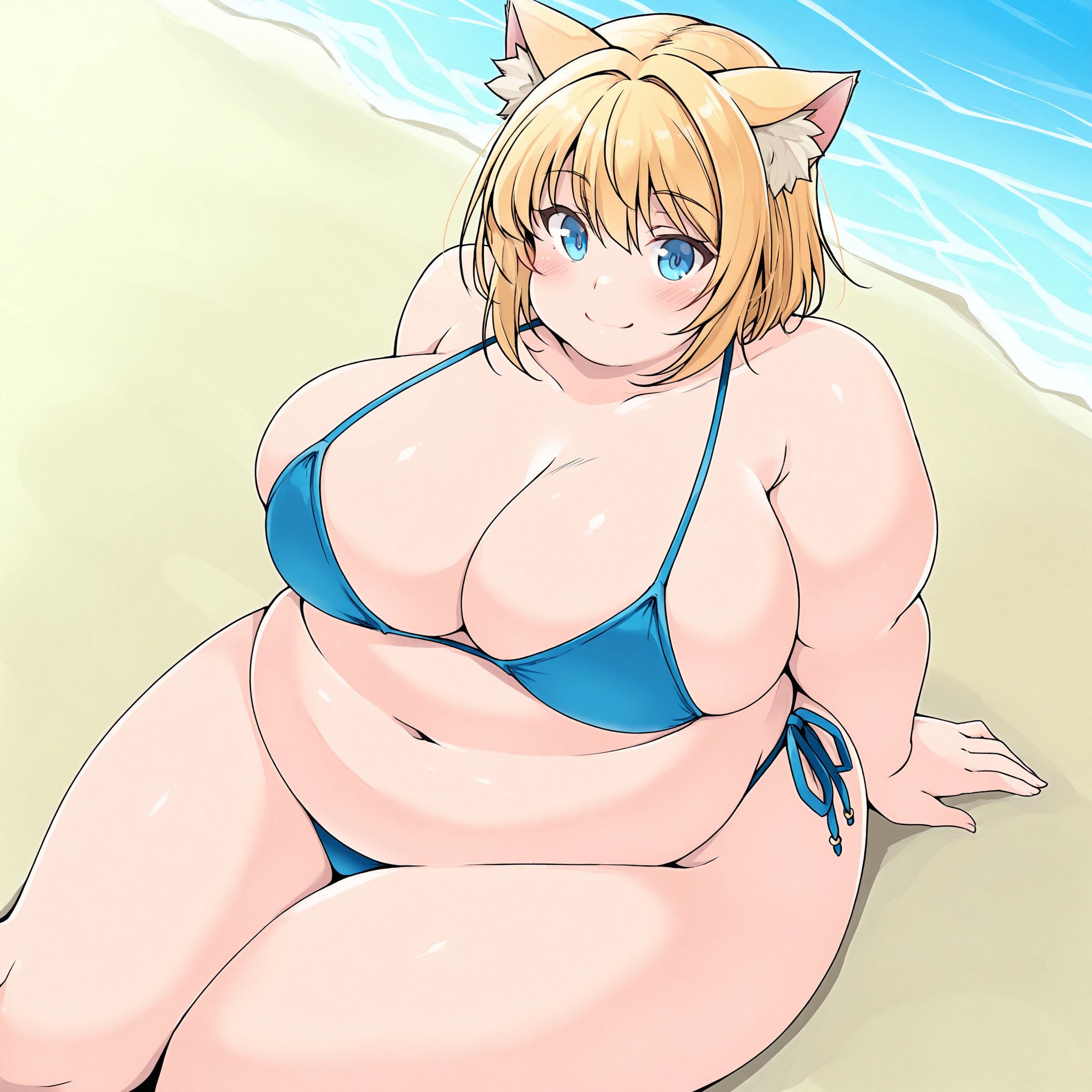 (masterpiece), best quality, (highly detailed), 1female, solo,  <lora:Kurocaze_Style Illustrious:0.8>, beach, chubby, big breasts, blonde cat ears, bikini, blonde hair, blue eyes, smile,