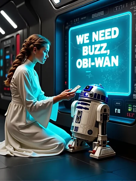 A futuristic, dimly lit starship interior with sleek metallic walls, adorned with panels of glowing buttons and holographic displays. Princess Leia, a regal young woman with braided buns, kneels before a small, round droid (R2-D2), inserting a data chip. A bright, clear blue hologram emerges from the droid, displaying a galaxy map and large, legible glowing text that reads: 'We need Buzz, Obi-Wan.' The text is clear and easy to read, floating in mid-air alongside the hologram. Leia wears a flowing white gown, her expression determined yet urgent, as she records the message. The atmosphere is tense, with shadows hinting at approaching danger in the background, creating a sense of hope and desperation.