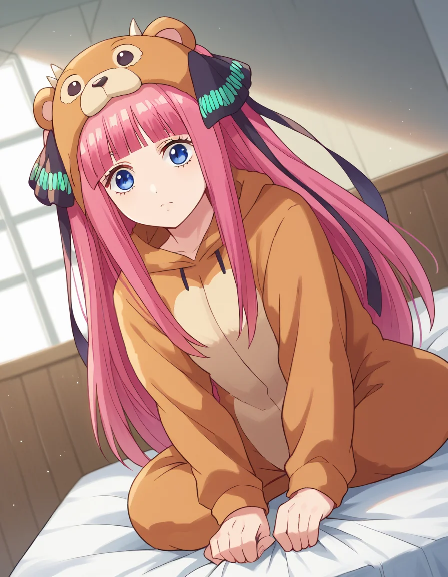 score_9, score_8_up, score_7_up, source_anime, ninonakano, <lora:nino-nakano-s1-ponyxl-lora-nochekaiser:1>, nino nakano, long hair, bangs, blue eyes, hair ornament, hair ribbon, pink hair, blunt bangs, two side up, butterfly hair ornament, mature female,, <lora:kigurumi-ponyxl-lora-nochekaiser:1>, kigurumi, animal hood, animal costume, cosplay, rabbit costume, dragon costume, bear costume, dinosaur costume, sheep costume, cat costume, dog costume, panda costume, tiger costume,, indoors, bed, bed room, sitting, , looking at viewer, solo, cowboy shot, dutch angle