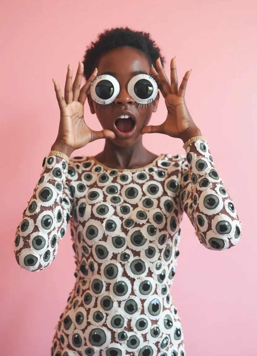 analog film photo A woman stands against a pink background with an expression of surprise and delight on her face as she looks directly at the camera, revealing two rows of googly eyes covering both sides of her head and framing her mouth which is also covered by more googly eyes. The outfit consists entirely of these same googly-eyed features arranged in clusters to resemble scales or a mosaic pattern across various parts of her body, including on the top portion where they form sleeves that extend down to mid-length arms. She has dark skin with no visible hairline indicating either very short natural hair if any at all or it is obscured by something like headwear out of frame; however, there are discernible curves suggesting she may be an adult woman rather than a child.
The artistic style here leans heavily towards surrealism and pop art due to its unconventional subject matter and bright colors used throughout. It's worth noting that the artist has meticulously painted each eye with individual eyelashes adding depth and realism despite their cartoonish design, which is also mirrored in how she poses â half her body appears frozen mid-movement suggesting an abrupt stop as if caught by this unexpected photograph.
The composition centers on our subject against a simple backdrop allowing for maximum impact of the googly-eyed outfit. There's little else to distract from what we're supposed to focus on, which is clearly intentional design choice meant to draw attention directly to her expression and attire while subtly reinforcing themes like surveillance or being watched even when not consciously aware.
The lighting in this image appears soft yet bright enough to highlight each individual element without creating harsh shadows that could detract from their overall impact. It seems evenly distributed across the scene, possibly suggesting studio-style photography meant specifically for display purposes rather than everyday use or casual capture moments.
There's nothing particularly complicated about capturing such an image technically speaking â it relies heavily on careful lighting control and composition planning alongside artistic choices like color palette selection (the pastel pink background complements both her skin tone as well as the eye colors) to create a harmonious visual effect. The result is something that might intrigue viewers not just because of its weirdness but also due to how effectively it conveys specific themes through seemingly simple means.
This photograph possesses strong narrative elements and emotional resonance, qualities often found in photorealistic fine art photography which aims at capturing the subtleties and complexities inherent within everyday scenes. Its technical aspects such as lighting control, composition planning, color palette selection are all executed with precision to ensure that these details do not overpower or detract from its overall impact but rather enhance it further by creating an immersive visual experience for viewers.
In summary, this image is a compelling representation of modern surreal and pop art styles through the use of bright colors, unconventional subject matter, meticulous composition planning along with excellent technical execution involving soft yet strategic lighting to create photorealistic details that make every element stand out vividly against its pastel pink backdrop. It's an intriguing mix of unexpected elements combined in a way which conveys deeper themes like surveillance or being watched even when not consciously aware while still maintaining visual appeal through harmonious composition and careful attention to detail throughout the entire photograph. . faded film, desaturated, 35mm photo, grainy, vignette, vintage, Kodachrome, Lomography, stained, highly detailed, found footage