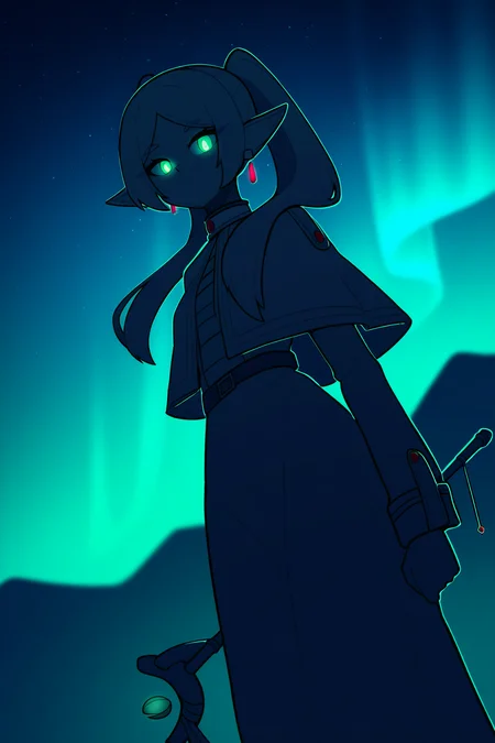 frieren, sousou no frieren, 1girl, green eyes, long hair, twintails, parted bangs, capelet, long sleeves, earrings, elf, 1girl, glowing eyes, spot color, glowing, looking at viewer, solo, starry sky, holding staff, no face, dutch angle, dark theme, soft lighting, aurora, glowing lines, 
 <lora:movail_noobaivp1_1c97:0.8>by movail, ,masterpiece, best quality, newest, absurdres, highres,