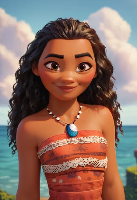 masterpiece,best quality, highly detailed, score_9, score_8_up, score_7_up, score_6_up,<lora:xl_more_art-full_v1:0.8>,
BREAK
 <lora:moanaXL:0.8>moana,1girl, solo, jewelry, necklace, smile, long hair, brown eyes, dark skin, dark-skinned female, curly hair, strapless, bare shoulders, upper body, dress, sky, black hair, blurry, blurry background, eyelashes, brown hair, lips, closed mouth, outdoors, thick eyebrows, cloud, wavy hair