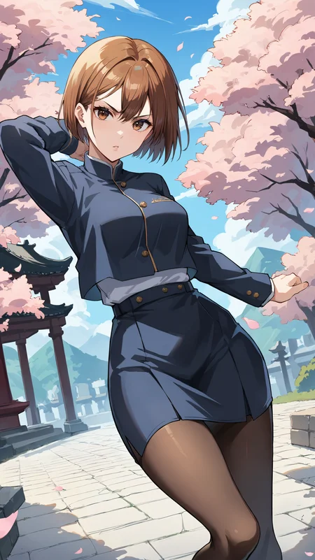 score_9,score_8_up,score_7_up,score_6_up, source_anime, zPDXL, <lora:xl_more_art-full_v1:0.5>, woman, dynamic pose, <lora:Nobara - Pony-000004:0.8>, short hair, brown hair, brown eyes, blue jacket, overhanging jacket, long sleeves, blue skirt, pantyhose, serious, leaning back, east asian architecture, park, outdoors, cherry blossoms,
