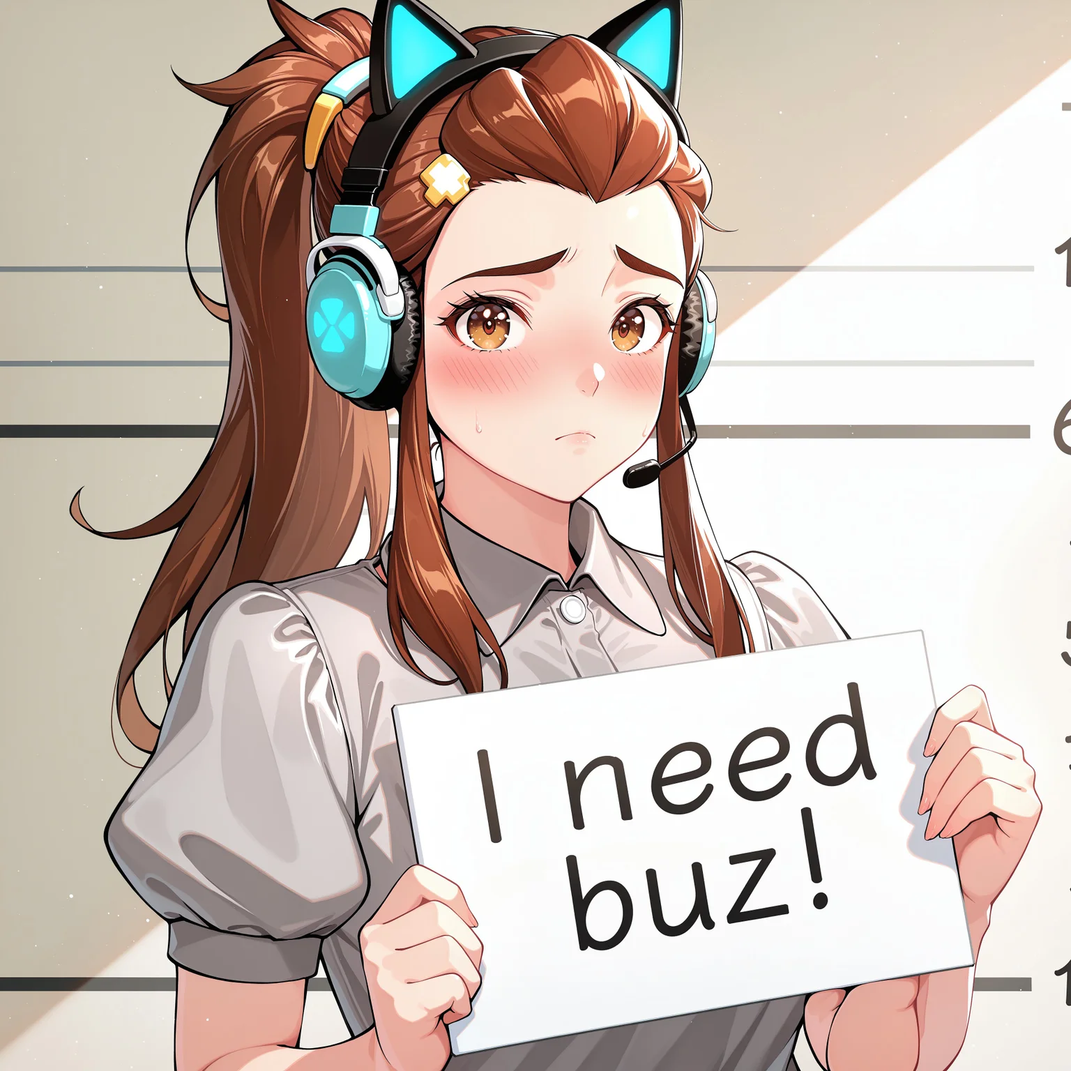 score_9, score_8_up, score_7_up, score_6_up, anime, beautiful, stunning, masterpiece, best quality, amazing quality,

brigitte (overwatch), brown hair, long hair, ponytail, brown eyes,

need_buzz, holding sign, need_buzz,

1girl, solo, animal ear headphones, sign, holding, headphones, long hair, looking at viewer, shirt, headset, cat ear headphones, short sleeves, grey shirt, collared shirt, upper body, closed mouth, frown, two side up, hair ornament, blush, sidelocks, height chart, puffy sleeves,
















