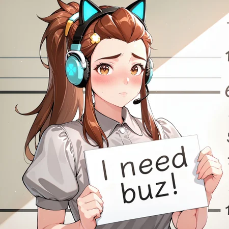 score_9, score_8_up, score_7_up, score_6_up, anime, beautiful, stunning, masterpiece, best quality, amazing quality,
brigitte (overwatch), brown hair, long hair, ponytail, brown eyes,
need_buzz, holding sign, need_buzz,
1girl, solo, animal ear headphones, sign, holding, headphones, long hair, looking at viewer, shirt, headset, cat ear headphones, short sleeves, grey shirt, collared shirt, upper body, closed mouth, frown, two side up, hair ornament, blush, sidelocks, height chart, puffy sleeves,