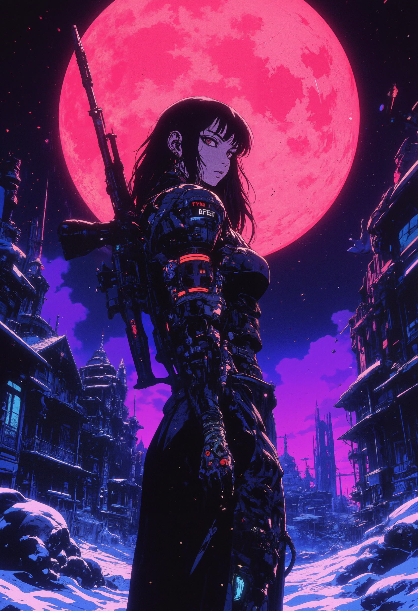 Anime, cyberpunk, A digital pixelated textured anime drawing featuring a futuristic cybernetic sniper with her rifle on her back. She blends gothic and vampiric elements into her body. The full body is visible against a cold desolate wasteland, with crumbling majestic and intricate dystopian architecture in the distance. Above, the twilight sky is painted in purple and black hues, with stars and galaxies visible in the distance. A large, pale red moon with a rugged, cratered surface and natural texture dominates the sky, casting faint shadows on its surface.  Include soft elements of bokeh and film grain further enhancing the visuals, as well as dynamic shadows and depth of field.