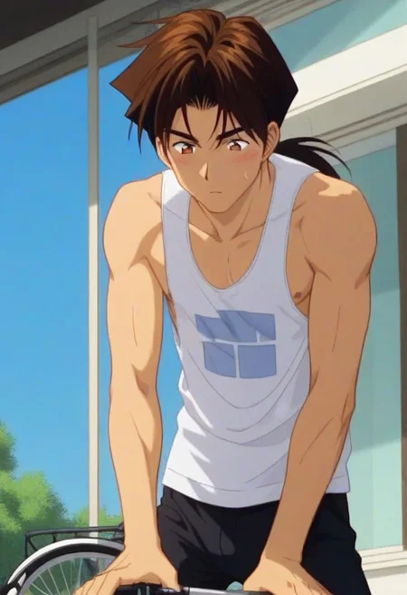 ((masterpiece)), ((best quality)), ((ultra-detailed)), ((absurdres)), score_9_up, score_8_up, score_7_up,
HD, top quality, best quality, amazing quality, High-quality illustrations, anime screencap, source_anime, best aesthetic, perfect proportions, perfect eyes, 1boy, 1male, solo boy, solo male, male focus, solo male focus, Anime, boy, male anime character, anime boy, handsome, attractive, cute, charming, sexy, hot, ((tall, tall body, tall height)), ((lean body, slim body)), easynegative, Expressiveh, neghands, updn, Kintaro Oe, brown hair, ponytail, brown eyes, tank top, pants, outside public, sunny weather, hot weather, ((bicycle))