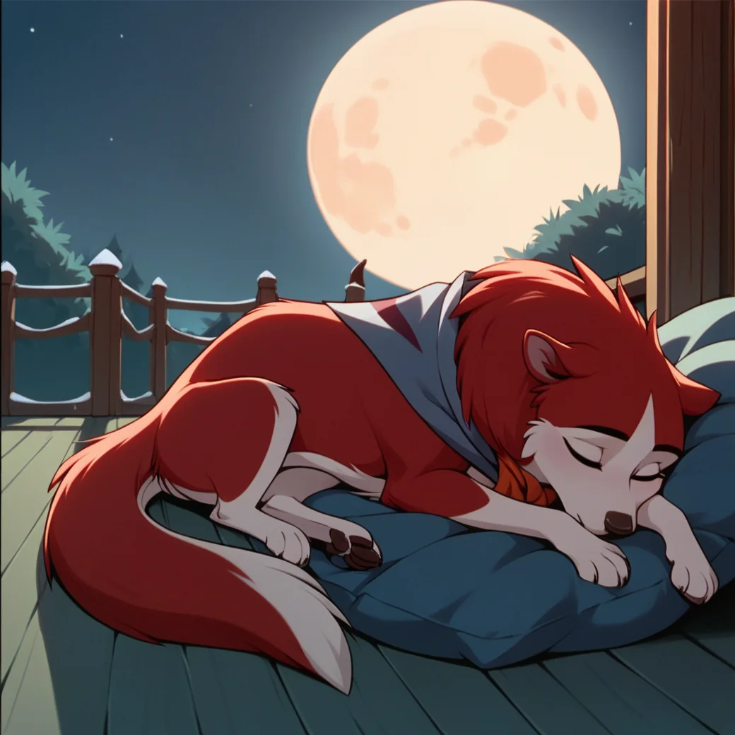 score_9, score_8_up, score_7_up, score_6_up, score_5_up, score_4_up, BREAK, <lora:Jennabalto:0.8>, 1girl, jenna\(balto\), animal, solo, closed eyes, laying down, sleeping, night time, red fur, white fur, moon, outside, neckerchief, no humans, full body, tail,