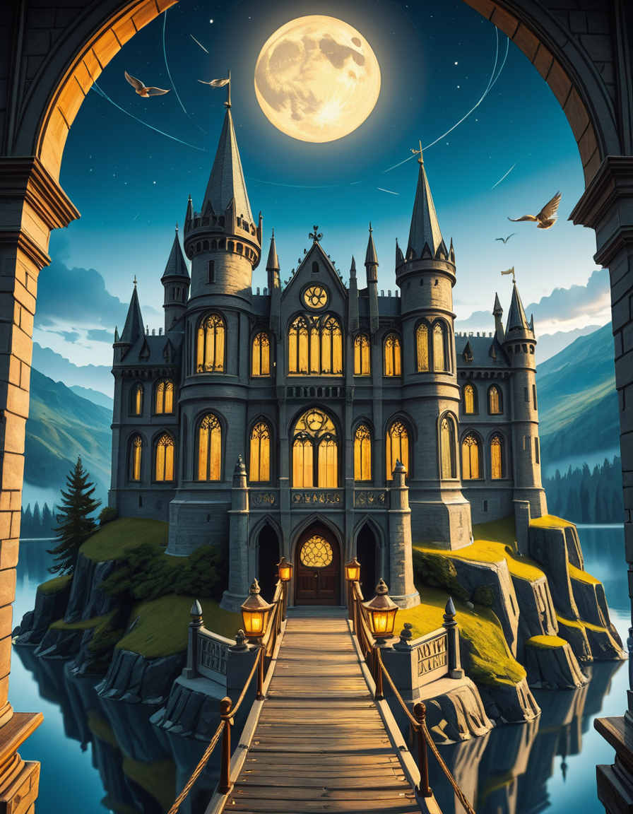 A majestic, ancient castle perched on a rocky hill, serving as a prestigious school for young wizards. The castle is a grand structure with towering spires, intricate gothic architecture, and large stained-glass windows that glow with magical energy. The stone walls are covered in ivy, and enchanted lanterns float around the entrance, casting a soft, mystical glow. A massive wooden bridge leads to the main gate, suspended over a misty, enchanted lake that reflects the moonlight. In the background, rolling green hills and dense, fog-covered forests surround the school, adding an air of mystery. The sky is a deep twilight blue, with stars twinkling and a full moon shining brightly. Some windows in the castle emit warm, golden light, hinting at classrooms filled with spellbooks and students practicing magic. A few owls are seen soaring above, delivering messages. The atmosphere is magical, mysterious, and full of wonder, as if the castle itself is alive with enchantments.
<lora:SDXLFaeTastic2400:0.4> <lora:extremely_detailed:0.4> extremely detailed,ancient c4stl3, <lora:ancient_c4stl3-i:1>, Masterpiece,best quality,hi res,8k,hi res,8k,award winning,(sharp focus, intricate, highly detailed),