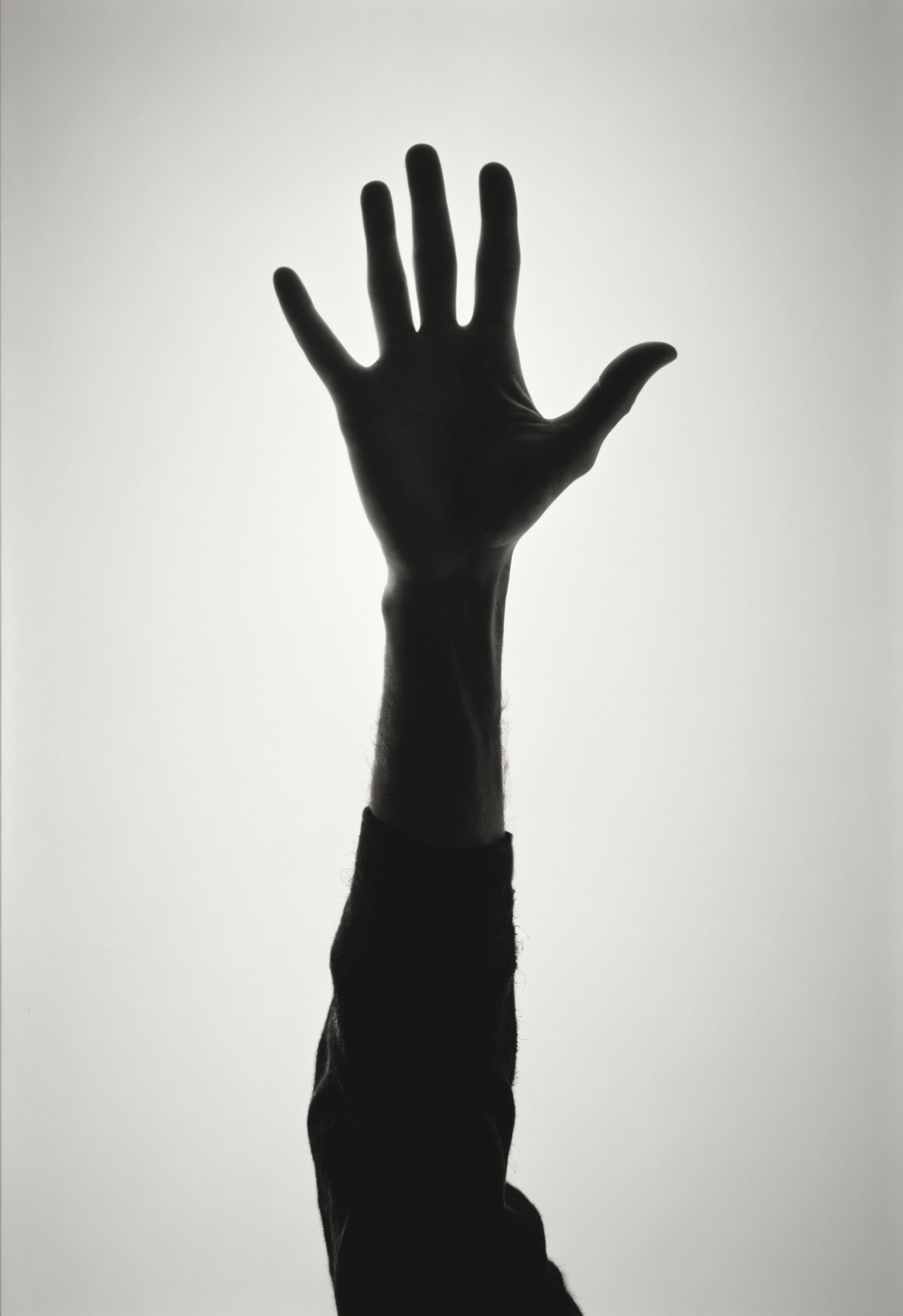 a shadow of a person reaching up to a hand with their arms extended out in the air, with a white background, Bert Stern, liminal space, a photocopy,