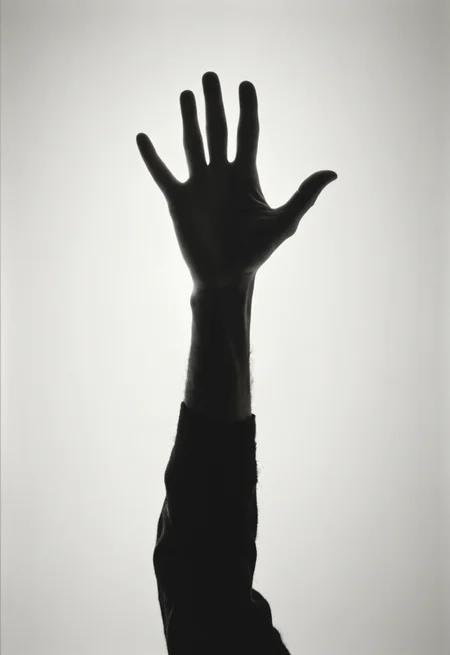 a shadow of a person reaching up to a hand with their arms extended out in the air, with a white background, Bert Stern, liminal space, a photocopy,