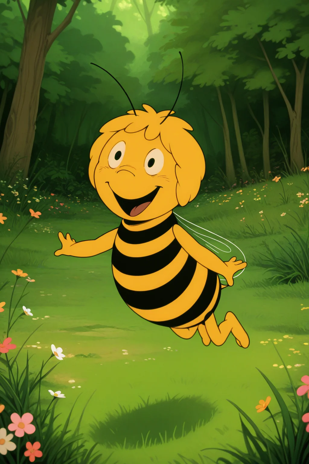 masterpiece, best quality, amazing quality, absurdres, solo, mayathebee, anthropoid girl, furry female, antennas, striped, bee girl, wings, smile, open mouth, flying,  outdoors, grass, nature, flowers