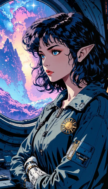 <lora:flux_space-v1s1000:0.58> <lora:Interstellar_Scifi_flux-lora-v1:0.4> <lora:NasaPunk:0.31> <lora:Hand v2:1.0> <lora:Anime-Retro:0.36> <lora:ck-shadow-circuit-000021:0.52> <lora:TechnoPunk:0.28> A hyper-detailed vividly-illustrated Japanese retro anime scene blending fantasy, n4sap8nk, t3chn0, and Interstellar_Scifi styles.
Specialist Charity Asmodai is a very tall female half-elf with pale metallic skin, glowing cyan eyes, small yet pointed ears, wearing a stern and focused expression. Her hair is shoulder-length and curly in a dark blue shade. Streaks of azure energy in her hair glow from roots to tips as she processes data. She wears a dark grey technician's jumpsuit under a baggy blue bomber jacket with gold sun insignia and "Sol Federation" patch. Charity's hands are enhanced with cybernetics, but the evidence for this is obscured by her light grey gloves. She is on the command deck of the starship staring out of the observation port window featuring a breathtaking view of deep space: violet, blue, and yellow nebula and a smattering of stars.