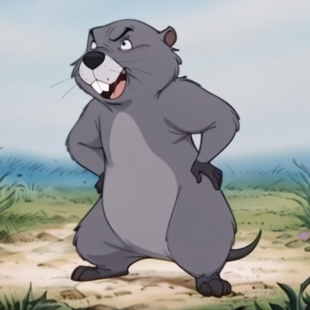 masterpiece, best quality, amazing quality, WtPgopher, semi-anthro, male, gopher_boy, grey fur, black eyes, buck teeth, standing, hands on hips, full body