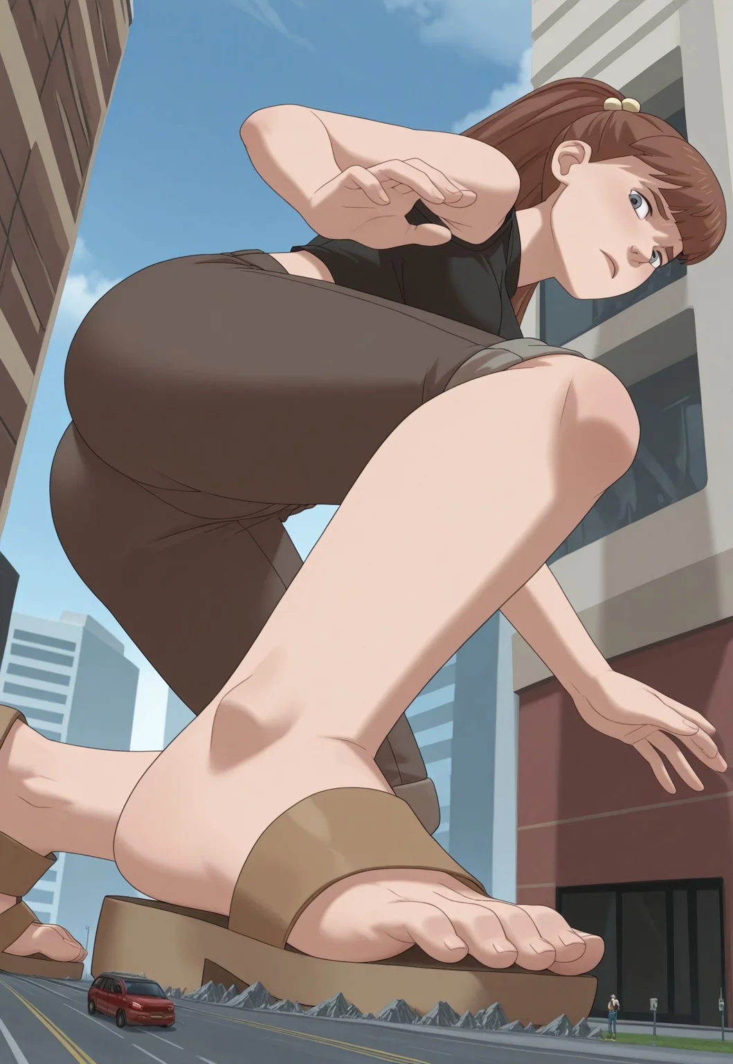 , giantess, full body view, foreshortening, foreshortening, Giantess, City, reaching for viewer, extremely close finger, kneeling, on one knee, giantess, from below, open toe sandals, best quality, absurdres, 1girl, solo, medium breasts, hips, embarrassed, round ass, perfect ass, extremely close foot
score_9, score_8_up, score_7_up, score_6_up, <lora:monster_girlIL:0.9> m_g, 1girl, brown ponytail hair, bangs, hairpin, athletic body, grey eyes, wide hips, denim shorts, knee socks, crop top, bare shoulders, cute face,perfect anatomy
<lora:giantess-ponyxl-lora-nochekaiser:1> giantess, giant, city, building, outdoors, destruction,