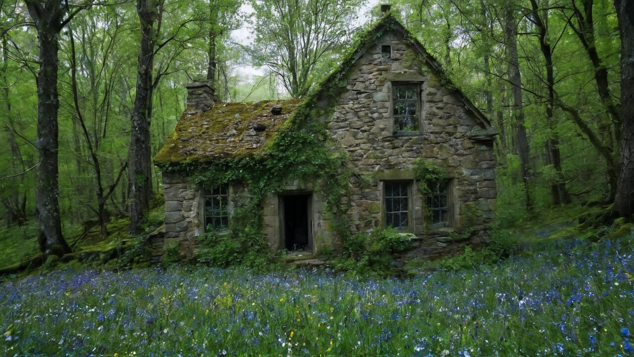 A serene forest clearing with a lush, green moss-covered ground, soft and uneven, dotted with small rocks and clusters of blue and yellow wildflowers. In the background, an old, ruined stone house blends into the dense forest of tall trees with twisting branches, their foliage filtering soft, natural light. A large owl with intricate brown and white speckled feathers and bright yellow eyes flies low across the scene, its wings spread wide, showcasing detailed feather patterns. The lighting is soft and natural, with a cool green hue dominating the atmosphere, captured with a subtle depth. Style: hyper-realistic with a touch of fantasy, highly detailed, photorealistic, focusing on the owlâs motion and the natural textures, as if taken with a high-resolution camera in daylight.<lora:g0bl1nc0r3_sdxl:1> g0bl1nc0r3, <lora:add-detail-xl:1> <lora:FUJIFILM ETERNA analog film stock style v2:1> FUJIFILM ETERNA analog film stock style,