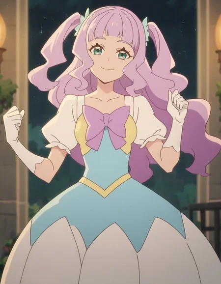 score_9, score_8_up, score_7_up, anime screencap, solo,1girl,elleechanta, smile, gloves, looking at viewer, dress,purple bow, white gloves, puffy sleeves,cowboy shot,medium breasts, <lora:elleechanta:0.8>