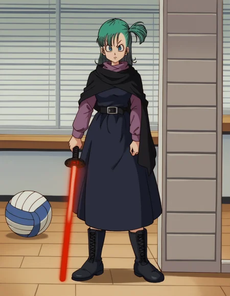 zPDXL, score_9, score_8_up, score_7_up, source_anime,
1girl, solo, <lora:EarlyAkira_v3:0.8> drgbls1, (sith lord) wearing a armored Sith robe, high-collared Sith tunic, black sash belt, heavy duty boots, long dark cloak, holding a double-bladed red lightsaber, bulma, blue hair, blue eyes, fitness center, spacious room with volleyball setup, mirrors on the walls, various gym equipment around, bright and clean environment
