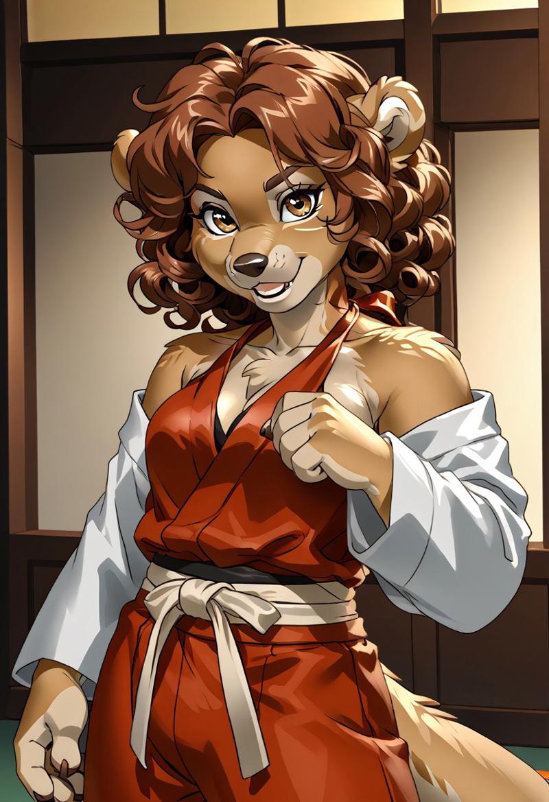score_9, score_8_up, score_7_up, (by jailbird:1.5), (by kittydee:1.5), (by zummeng:1.5), masterpiece, best quality, (solo),  kinkajou,
(Furry Art: anthro: kinkajou:1.5), expressive eyes, feminine eyes, <lora:beautiful_detailed_eyes:1>, perfect face, tawny brown fur, rounded ears, prehensile tail, (brown hair:1.5), (curly hair), (curly bangs), medium breasts, (halter top shirt:1.5), (karate pants:1.5), (karate belt),