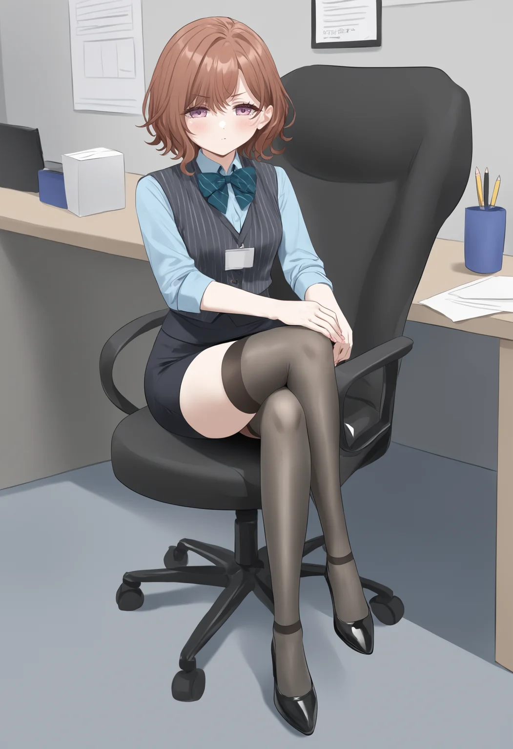 <lora:y_d:1>, y_d, 1girl, solo, chair, sitting, office, crossed legs, higuchi madoka, full body, indoors, front, pencil skirt, thighhighs, blue shirt, bow, pinstripe vest,