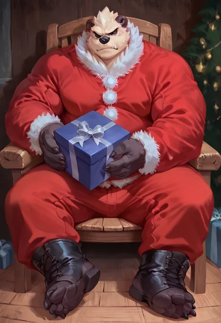 Pangoro, black and white fur, empty eyes, muscular, fat, closed mouth, angry, solo male, score_9, score_8_up, score_7_up, score_6_up, score_5_up, score_4_up,
santa outfit, red robe, red pants, black boots, holding a present, sitting on a large wooden chair,