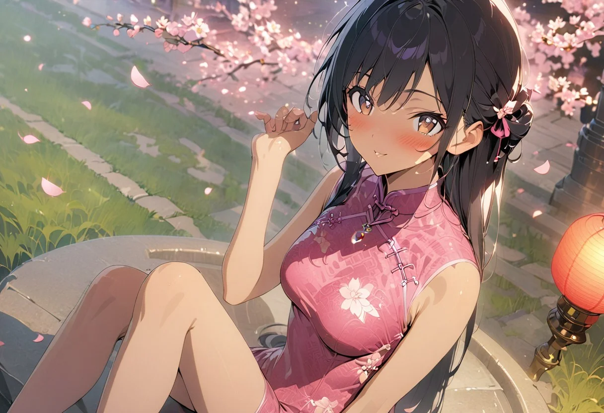 gorgeous lips, cinematic, (masterpiece), (best quality), (ultra-detailed), very aesthetic, illustration, perfect composition, intricate details, absurdres, detailed face, (anime, masterpiece, intricate:1.3), (best quality, hires textures, high detail:1.2)side angle, from the side, outdoors, full body shot
BREAK, a anime girl with very long black hair, straight hair styled in a half up do, grassy hill, 1 single cherry blossom tree over hanging the girl, 1girl, solo, side swept bangs, medium breasts, long hair, black hair, looking at up, siting, sexy purple long flowing silk cheongsam, high slit, toned legs, legs crossed, XCYP Cheongsam beauties, necklace, hair ribbon, purple back head hair bow, smiling, hair blowing in the wind, cheongsam blowing in the wind, blush,purple heels , collarbone, brown eyes, perfect eyes, pink petals blowing in the wind, night time, starry sky, sitting on the fountain, looking at viewer, pink paper lanterns, soft lighting, dolly shot, seductive mood
