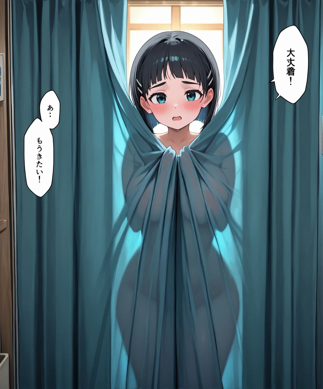 masterpiece,best quality,amazing quality,very aesthetic,absurdres,newest, huge filesize,
<lora:spo_sdxl_10ep_4k-data_lora_webui:0.5>,anime coloring,
<lora:add-detail-xl:1>
<lora:hanger_r1:1>hanger_v1,
1girl,
solo,
blush,
curtain grab,
curtains,
looking at viewer,
nude, grabbing curtain,
open mouth,
speech bubble,
hiding behind the curtain,
Only the head is exposed,
changing room,
kirigaya suguha,