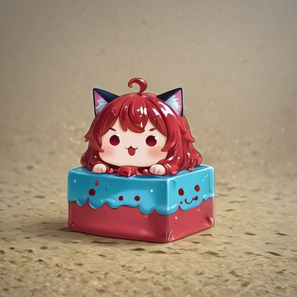 a sl1m3d chibi anime red hair cat girl lay in a cat box on the slime-morph field