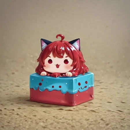 a sl1m3d chibi anime red hair cat girl lay in a cat box on the slime-morph field