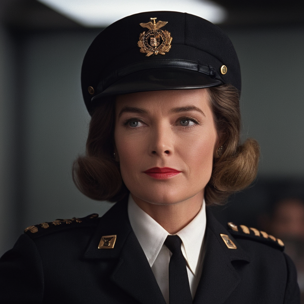 cinematic film still of  <lora:James Bond 007 style:0.9> detailed sharp image of
Miss Moneypenny Lois Maxwell a woman in a uniform is talking to someone,solo,looking at viewer,smile,shirt,1boy,hat,white shirt,male focus,necktie,teeth,collared shirt,blurry,black jacket,black headwear,blurry background,parody,realistic , dramatic light, dramatic shadow light, contrast, cinematic color, cinematic look, filmic, realistic, realism, perfection, perfect, Kodak, Kodak film, movie still, spy film, action themed, espionage, James Bond style, James Bond film style, 007 style, 007 film style, shallow depth of field, vignette, highly detailed, high budget, bokeh, cinemascope, moody, epic, gorgeous, film grain, grainy