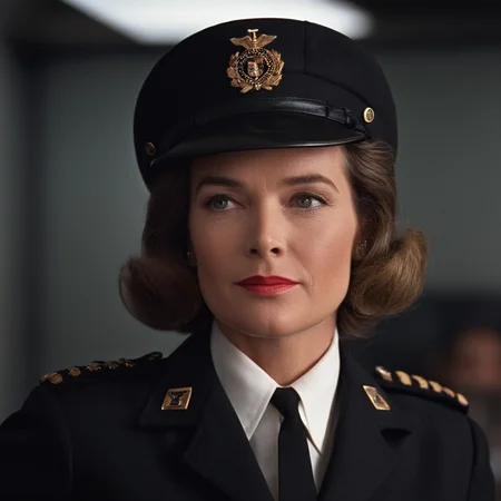 cinematic film still of <lora:James Bond 007 style:0.9> detailed sharp image of
Miss Moneypenny Lois Maxwell a woman in a uniform is talking to someone,solo,looking at viewer,smile,shirt,1boy,hat,white shirt,male focus,necktie,teeth,collared shirt,blurry,black jacket,black headwear,blurry background,parody,realistic , dramatic light, dramatic shadow light, contrast, cinematic color, cinematic look, filmic, realistic, realism, perfection, perfect, Kodak, Kodak film, movie still, spy film, action themed, espionage, James Bond style, James Bond film style, 007 style, 007 film style, shallow depth of field, vignette, highly detailed, high budget, bokeh, cinemascope, moody, epic, gorgeous, film grain, grainy