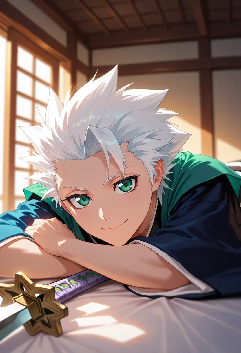 masterpiece, best quality, intricate details, (realistic:0.6), looking at viewer, depth of field, 1boy, solo, male focus, <lora:toushirou_hitsugaya_ilxl:0.9>, toushirou_hitsugaya, white hair, green eyes, spiked hair, short hair, japanese clothes, haori. sword, , asymmetrical, ayers rock, indoors, light, lying, on stomach, smile, halloween costume