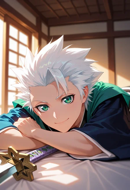 masterpiece, best quality, intricate details, (realistic:0.6), looking at viewer, depth of field, 1boy, solo, male focus, <lora:toushirou_hitsugaya_ilxl:0.9>, toushirou_hitsugaya, white hair, green eyes, spiked hair, short hair, japanese clothes, haori. sword, , asymmetrical, ayers rock, indoors, light, lying, on stomach, smile, halloween costume