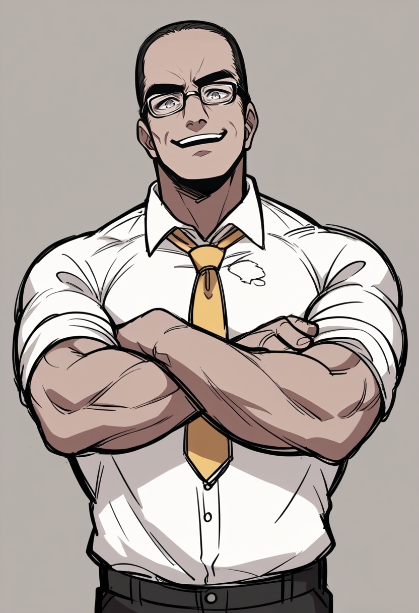 score_9, score_8_up,score_7_up, source_anime,pencil drawing,sketch, SenArmStrong, grey eyes, black hair, buzz cut, glasses, manly, muscular male, white shirt, torn clothing, torn shirt, yellow necktie, black pants, crossed arms, from below, open smile, 
 <lora:Potat-pencil_drawing_sketch_v1-USENEG:-1.15> 
<lora:SenatorArmstrongPDXL_V1-Manityro-CAME:0.8>
