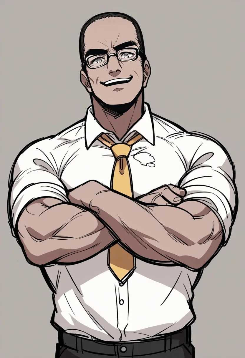 score_9, score_8_up,score_7_up, source_anime,pencil drawing,sketch, SenArmStrong, grey eyes, black hair, buzz cut, glasses, manly, muscular male, white shirt, torn clothing, torn shirt, yellow necktie, black pants, crossed arms, from below, open smile,
<lora:Potat-pencil_drawing_sketch_v1-USENEG:-1.15>
<lora:SenatorArmstrongPDXL_V1-Manityro-CAME:0.8>