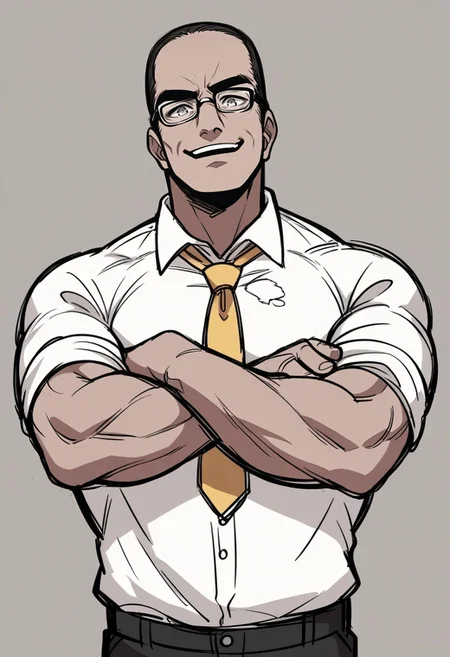 score_9, score_8_up,score_7_up, source_anime,pencil drawing,sketch, SenArmStrong, grey eyes, black hair, buzz cut, glasses, manly, muscular male, white shirt, torn clothing, torn shirt, yellow necktie, black pants, crossed arms, from below, open smile,
<lora:Potat-pencil_drawing_sketch_v1-USENEG:-1.15>
<lora:SenatorArmstrongPDXL_V1-Manityro-CAME:0.8>