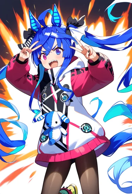 <lora:pony_turbo:1> , score 9, score 8 up, score 7 up, source anime,1girl, twin turbo \(umamusume\), turboPP ,explosion background, v,