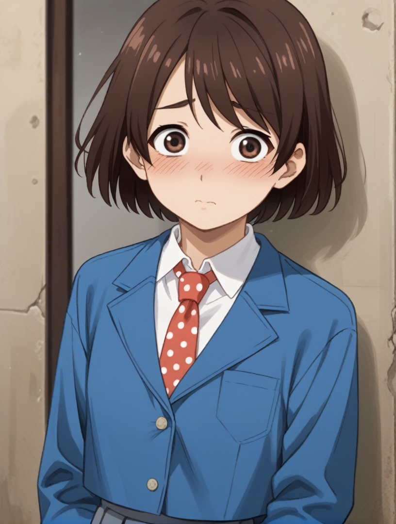 score_9, score_8_up, score_7_up, 
<lora:sdxl-hky-hotaru-pony:0.55> hinase hotaru, brown eyes, dark brown hair, short hair, white collared shirt, blue jacket, gray pleated skirt, red necktie at polka dot,
1girl,solo,
cowboy shot,  
bewildered , shy, blush,