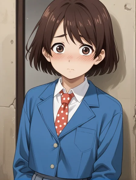 score_9, score_8_up, score_7_up,
<lora:sdxl-hky-hotaru-pony:0.55> hinase hotaru, brown eyes, dark brown hair, short hair, white collared shirt, blue jacket, gray pleated skirt, red necktie at polka dot,
1girl,solo,
cowboy shot,
bewildered , shy, blush,