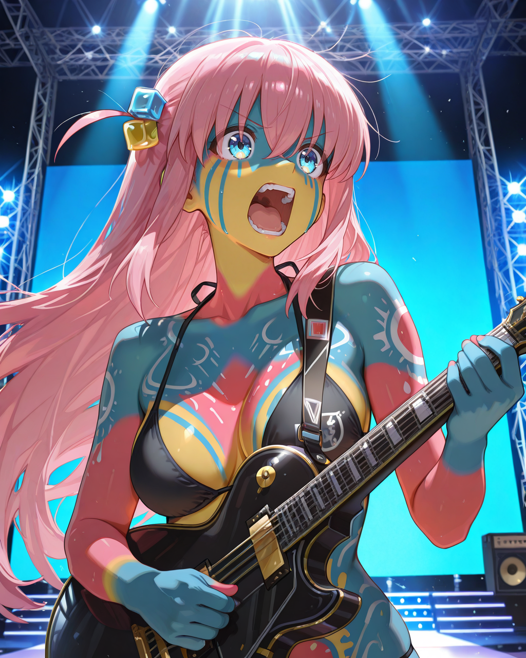 masterpiece,best quality,highres illustration,detailed face,1girl,upper body,<lora:multiskin_IL:1>,multicolored skin,full-body tattoo,bikini,shouting,gotoh hitori,holding instrument,stage,