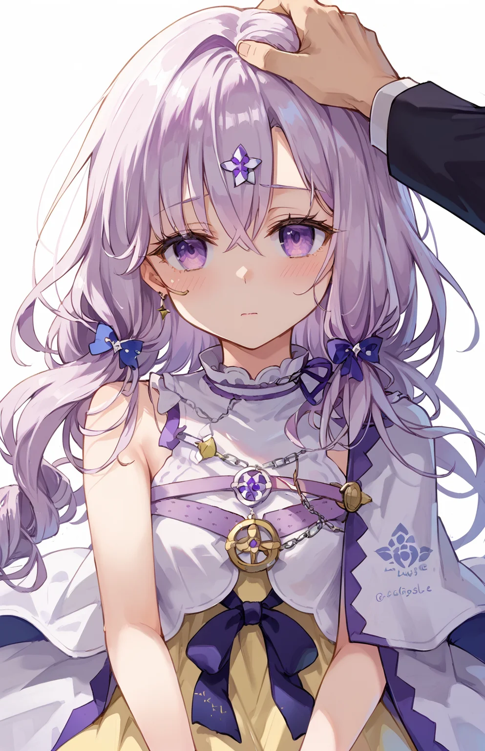 score_9, score_8_up,score_7_up,BREAK,source_anime,break,
<lora:lagelan(arc)-000010:1> lagelan(arc), (monocle:1.331), light_purple_hair, white_hair, long_hair, yellow_dress, 1girl, purple_eyes,hair ornament,monocle chain,
headpat, looking away, shy,blush, simple background, pov, hand