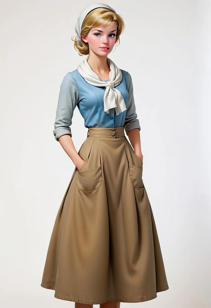 Ultra Realistic, full body shot, Cinderella, , housework everyday dress, white scarf in hair, hand on hips