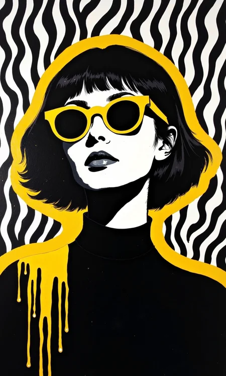 Close-up of a stylized portrait of a woman.Â
The womanâs face and upper torso are the central focus, set against a background of repeating black and white patterns. These patterns consist of a series of wavy lines and thick stripes, creating a dynamic visual texture.Â
The woman's hair is styled in a bob with short, dark-colored bangs. Her expression is composed and slightly contemplative, with her gaze directed off to the side. She wears round, bold yellow sunglasses with black frames.Â
Her attire consists of a dark black turtleneck-style top, and the top of the garment is outlined with a vibrant, thick, yellow line, creating a visual frame around her. The yellow outline also extends to suggest drips or streaks of yellow paint, descending from the shoulders.Â
The overall aesthetic is graphic and bold, employing contrasting colors and patterns to emphasize the woman's features. The monochromatic tones of the background and the black turtleneck are offset by the striking yellow accents, particularly the sunglasses and outlines. The pattern and style contribute to a retro or art deco feel.
<lora:FLUX-daubrez-DB4RZ-v2:1> DB4RZ, DB4RZ style painting