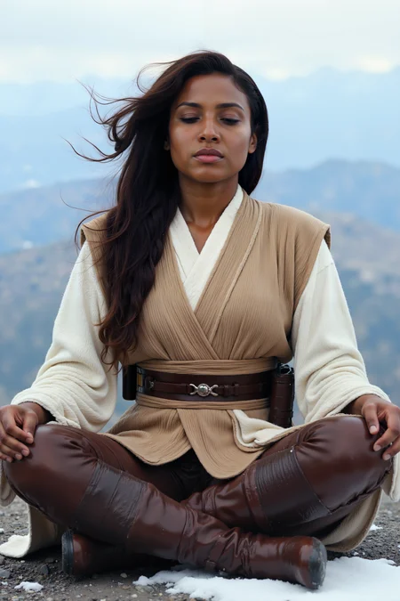 A hyper-realistic portrait, photorealistic photo close-up image of african woman in brown and white jedioutfit and boots is sitting meditating with her eyes closed, her hair blowing in the wind,on a snowy mountain peak, (photography, high-resolution, dynamic, energetic,hyper-realistic, dramatic lighting, shallow depth of field.)<lora:JEDIOTFIT_FLUX><lora:aidmaMJ6.1-FLUX-V0.1:0.6><lora:Movie_Portrait><lora:Flux DetailerV2>