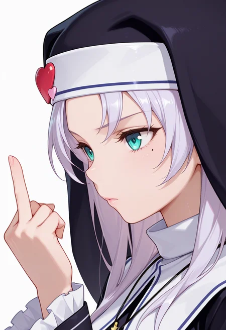 Smooth Quality,masterpiece,very intricate, high quality details, ultra realistic, high detailed skin,detailed enviorement,absurdres,
middle finger,
 <lora:Kate_Takayama_CNR:0.8> kate_cnr, 1girl,light purple  hair, long hair, aqua eyes, mole under eye,nun, habit,cross necklace, heart ornament,boots,, simple background, white background, from side,solo,, 0 0,