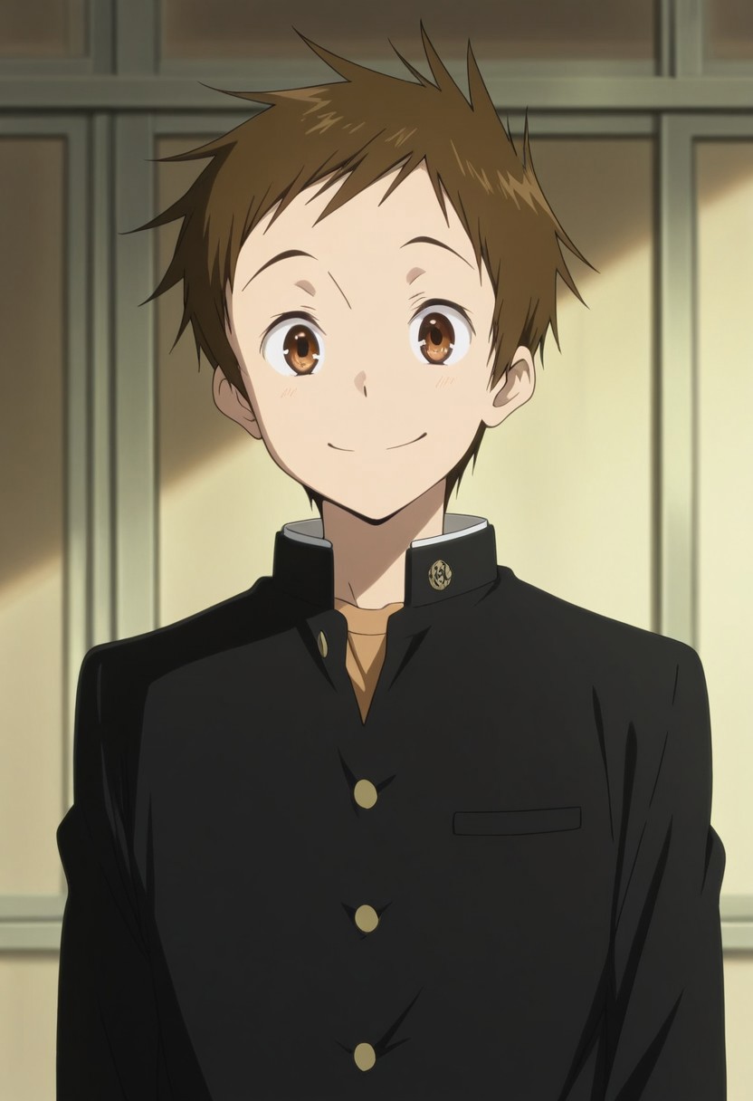 masterpiece,best quality,amazing quality, source_anime,
SatosFukube, 1boy, male focus, solo, brown eyes, brown hair, school uniform, gakuran, jacket, black jacket, buttons,  smile, happy,