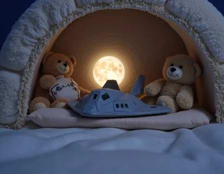 <lora:f-117-flux-000012:1.6> f-117
A plush F-117 toy tucked into a miniature toy hangar, surrounded by teddy bears and soft toy jets, under a soft glowing nightlight shaped like a moon, gentle shadows, cozy atmosphere, cinematic close-up from child’s eye level, sleepy and warm feeling, bedtime storybook illustration style, soft textures and pastel colors