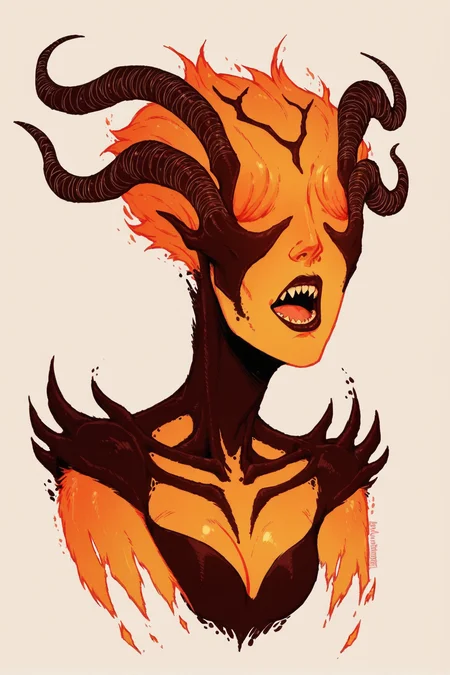 1girl, <lora:Flame Atronach Pony XL:1.25> flame_atronach, monster, horns, eyeless, <lora:cr33pyXLP:0.6>  cr33py,  spooky, creepy, score_9, score_8_up, score_7_up,